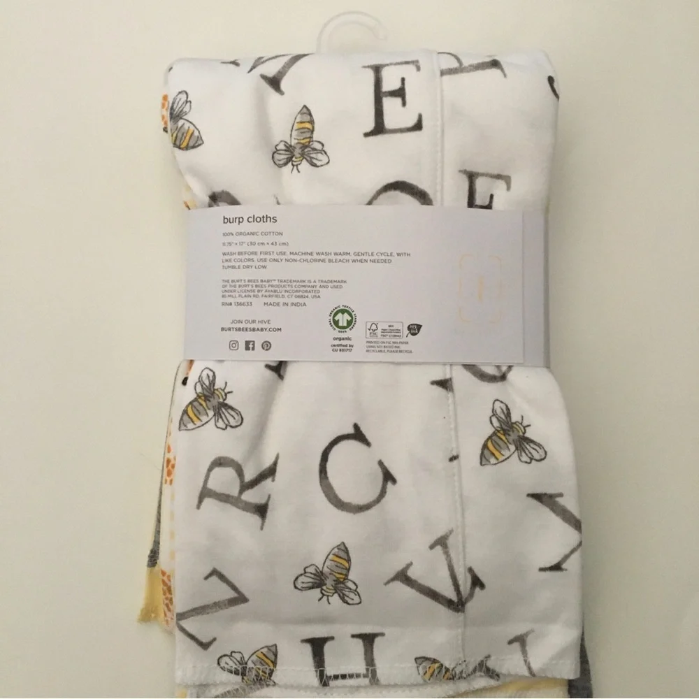 NEW Burp Cloths 100% Organic Cotton ABC’s Alphabet + More Prints | Burt’s Bees